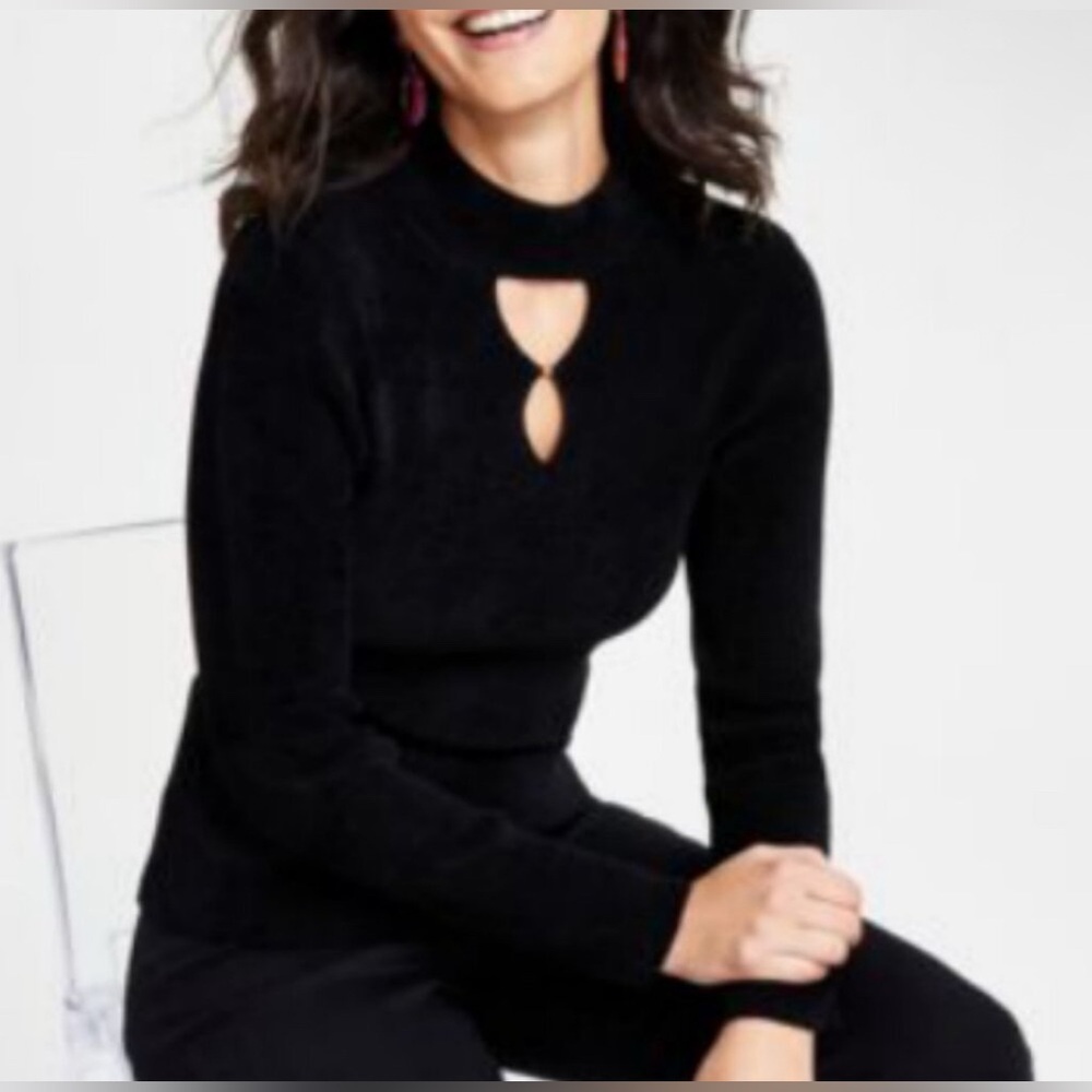 (A10) INC Women's Black Chenille Ribbed Cutout Lifestyle Everyday Sweater Top  M